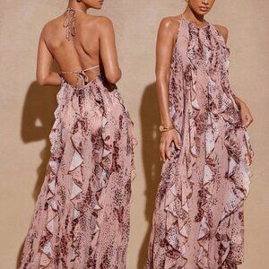 Khaki Elegant Women's Long Sleeveless Ruffle Maxi Dress